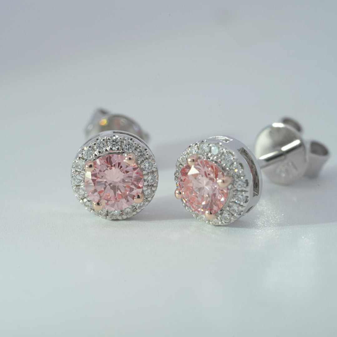 10K White Gold 0.60ct Pink & White Lab Diamond Halo Stud Earrings