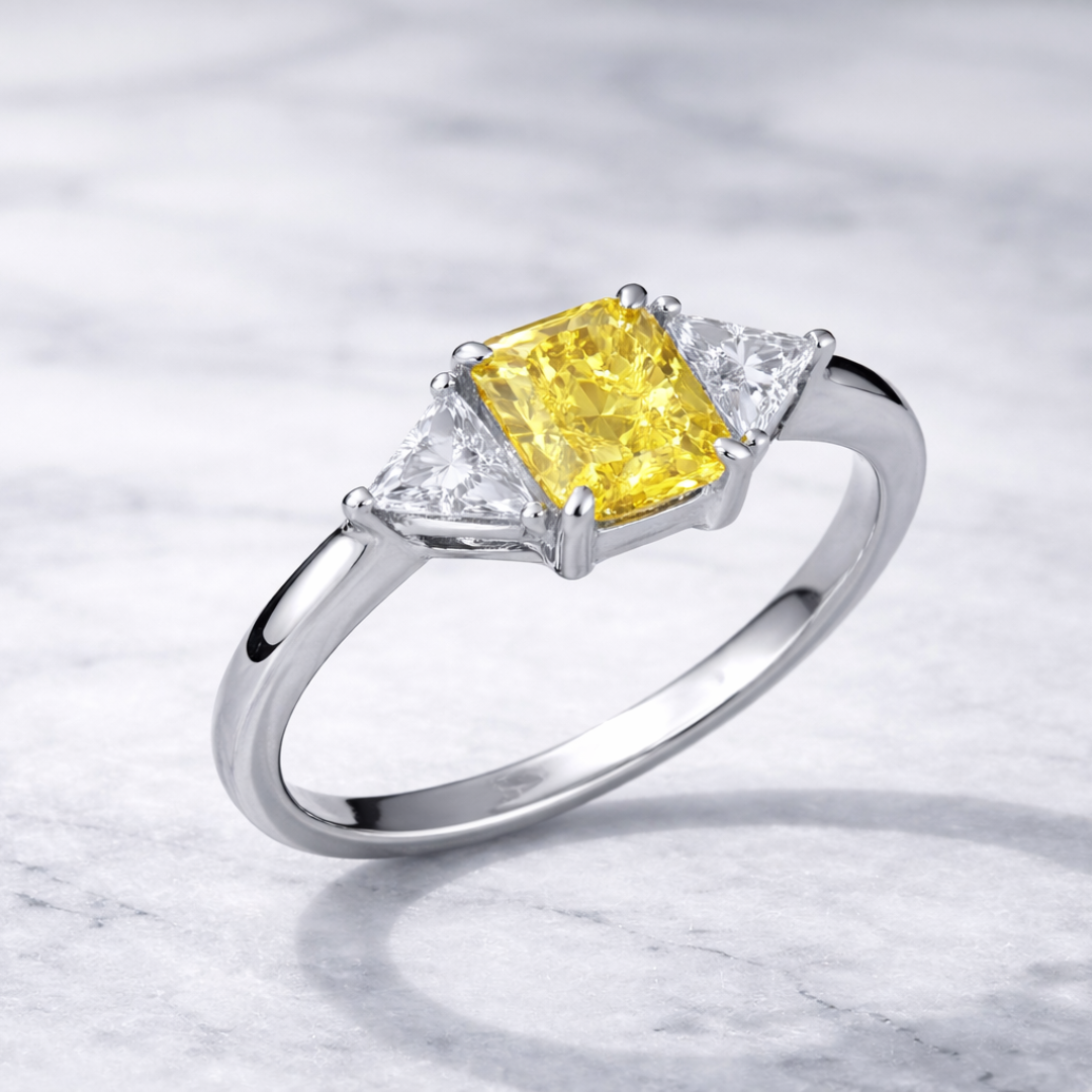 18K White Gold Yellow Lab Diamond Three-Stone Ring