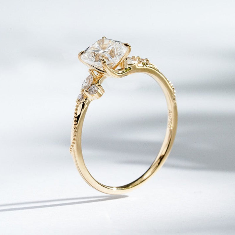 18K Yellow Gold 1.22ct Lab Grown Diamond Pavé Filigree Ring | Cushion Cut
