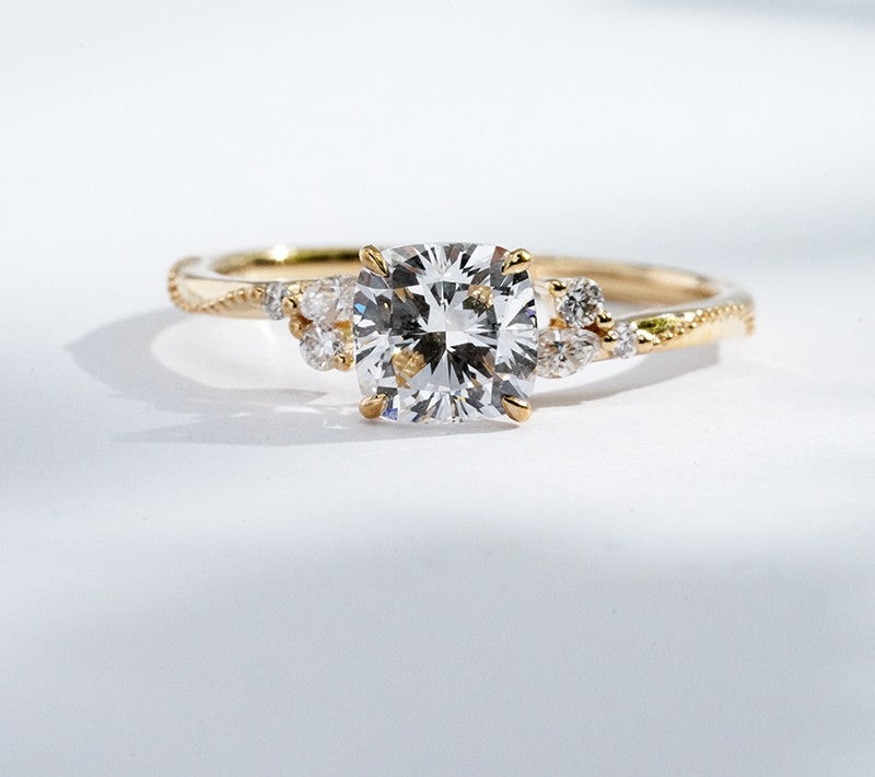 18K Yellow Gold 1.22ct Lab Grown Diamond Pavé Filigree Ring | Cushion Cut