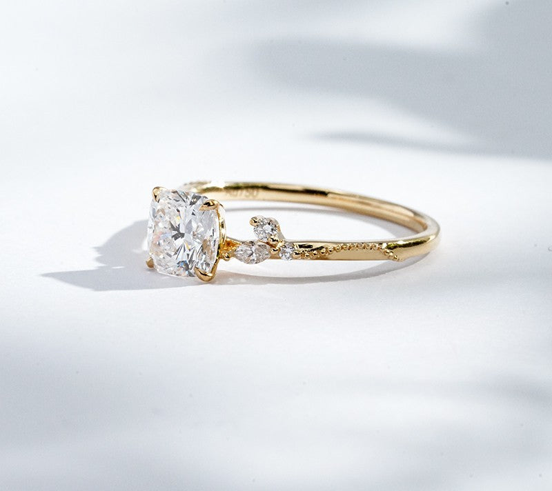 18K Yellow Gold 1.22ct Lab Grown Diamond Pavé Filigree Ring | Cushion Cut