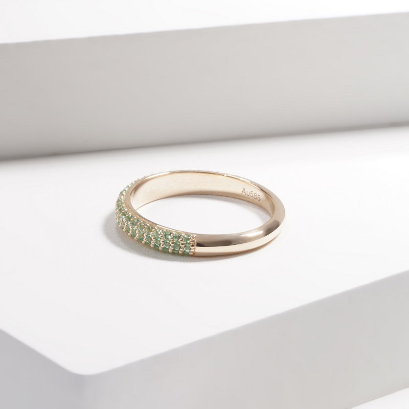 14K Yellow Gold Lab Emerald Eternity Ring | Colombian Green