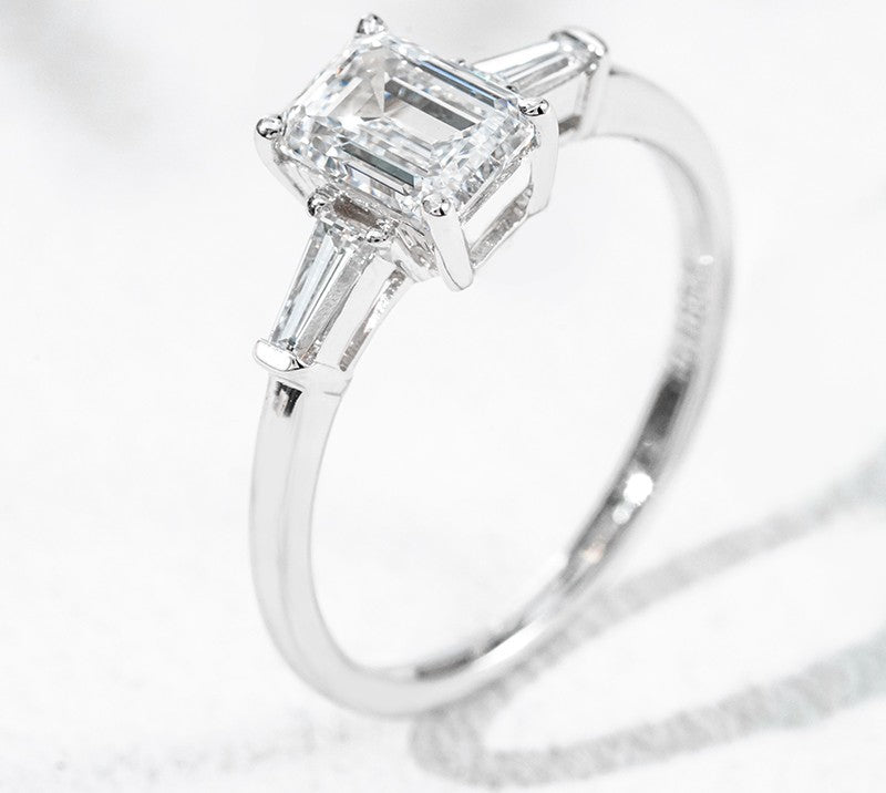 18K White Gold 1.21ct Lab Grown Diamond Three-Stone Ring | Emerald Cut