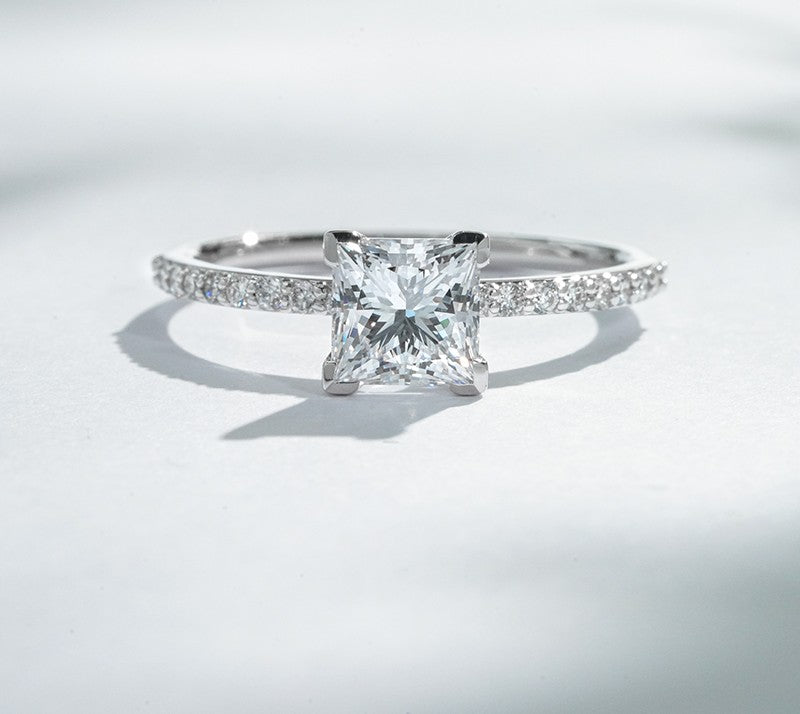 18K White Gold 1.20ct Lab Grown Diamond Pavé Ring | Princess Cut