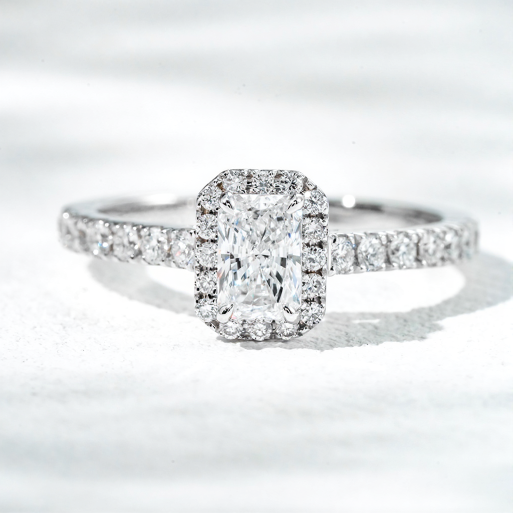 14K White Gold 0.99ct Lab Grown Diamond Halo Ring | Radiant Cut