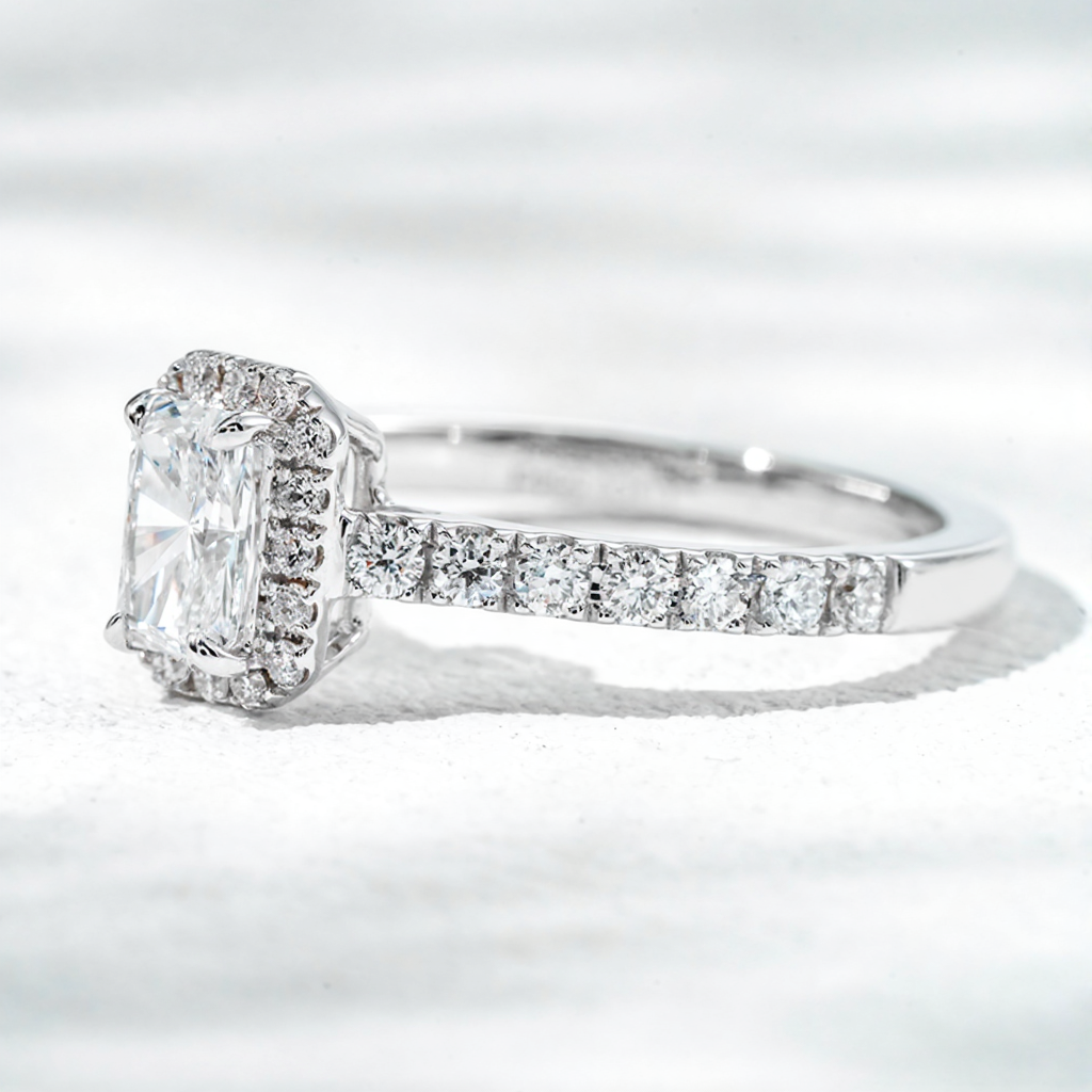 14K White Gold 0.99ct Lab Grown Diamond Halo Ring | Radiant Cut